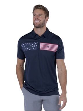 TRAVISMATHEW Sea To Sea Navy Polo with American Flag Chest Panels